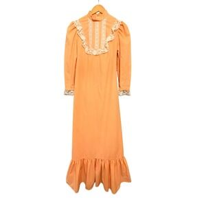 True Vintage Peach Ruffle Lace Maxi Dress Cottagecore Prariecore Dainty Fairycor